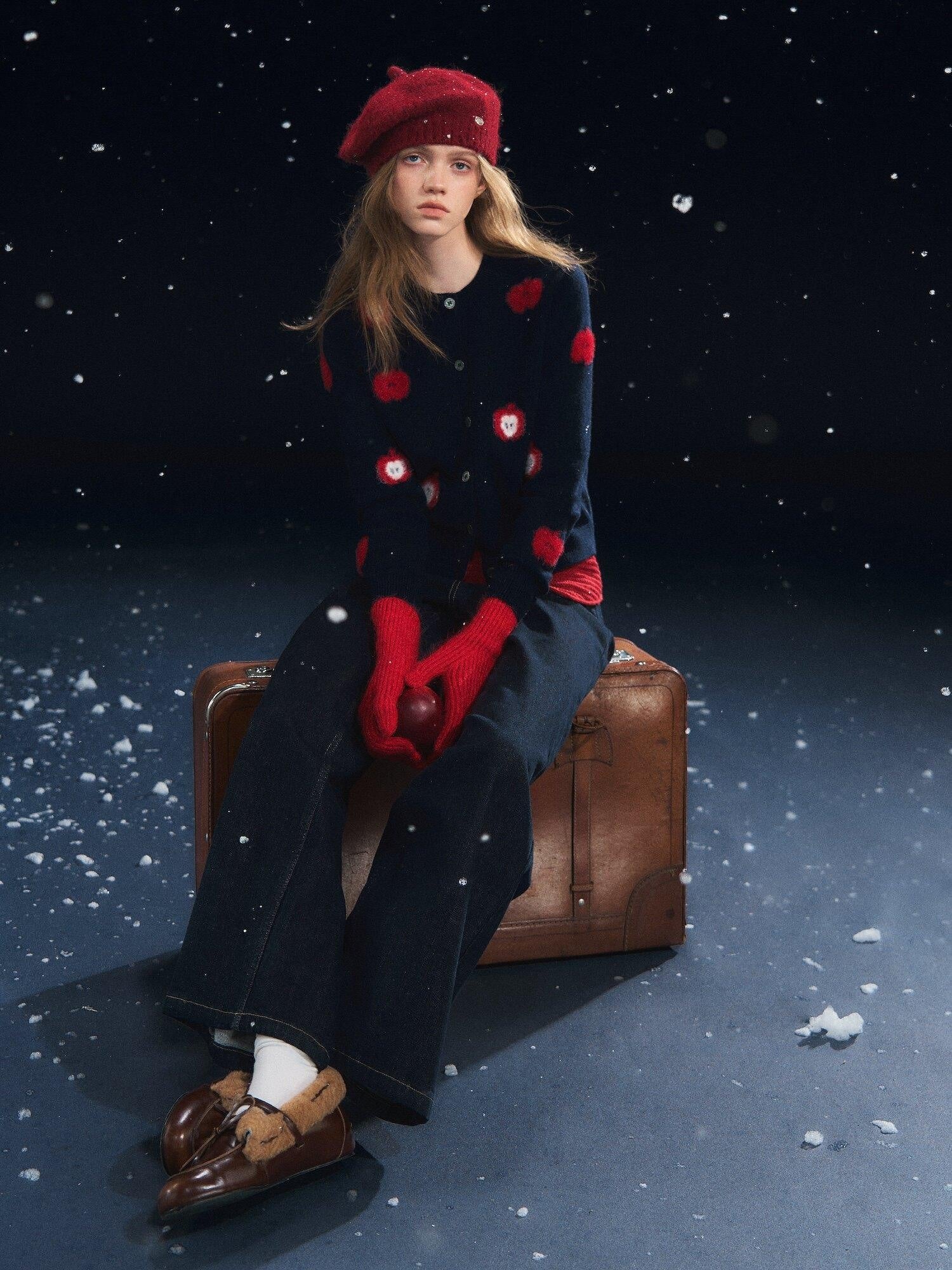 SOMESOWE Embroidered Fruit Casual Lapel Regular Fit Navy Long Sleeve Button Knit Cardigans