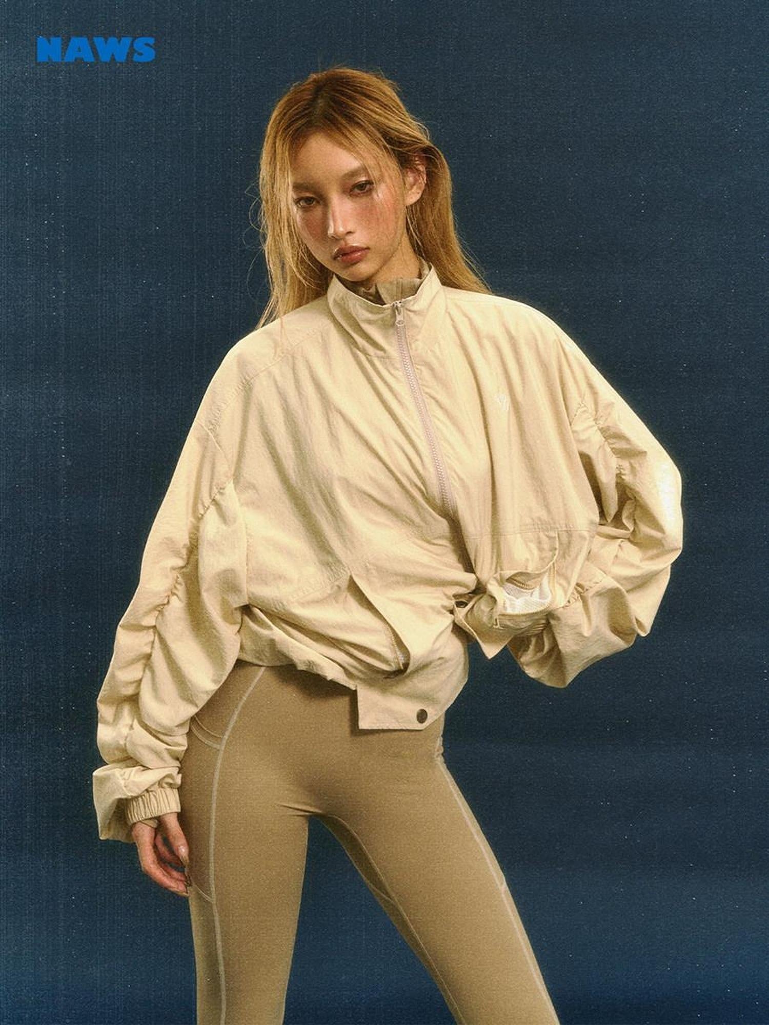 NAWSNOTAWEAR Pleated Detail Loose Fit Commuter Nylon Zip Front Turndown Collar Bomber Jackets