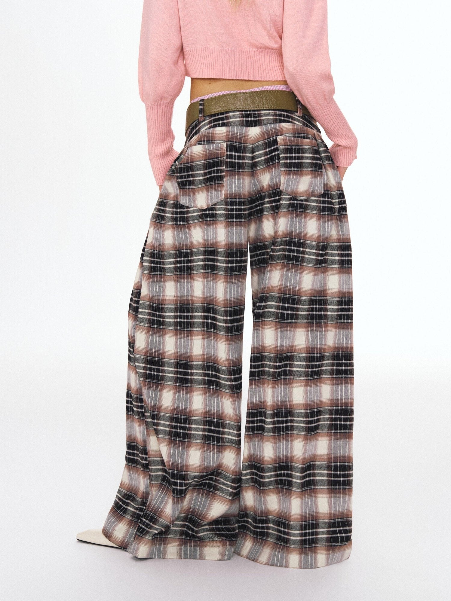 Double Waist Zipper Natural Waist Relaxed Plaid Polyester Stretch Wide Leg Pants