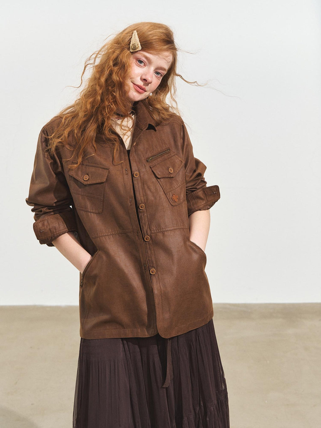 SOMESOWE Oversized Casual Pu Stand Collar Zip Flap Pocket Brown Women Leather Jackets