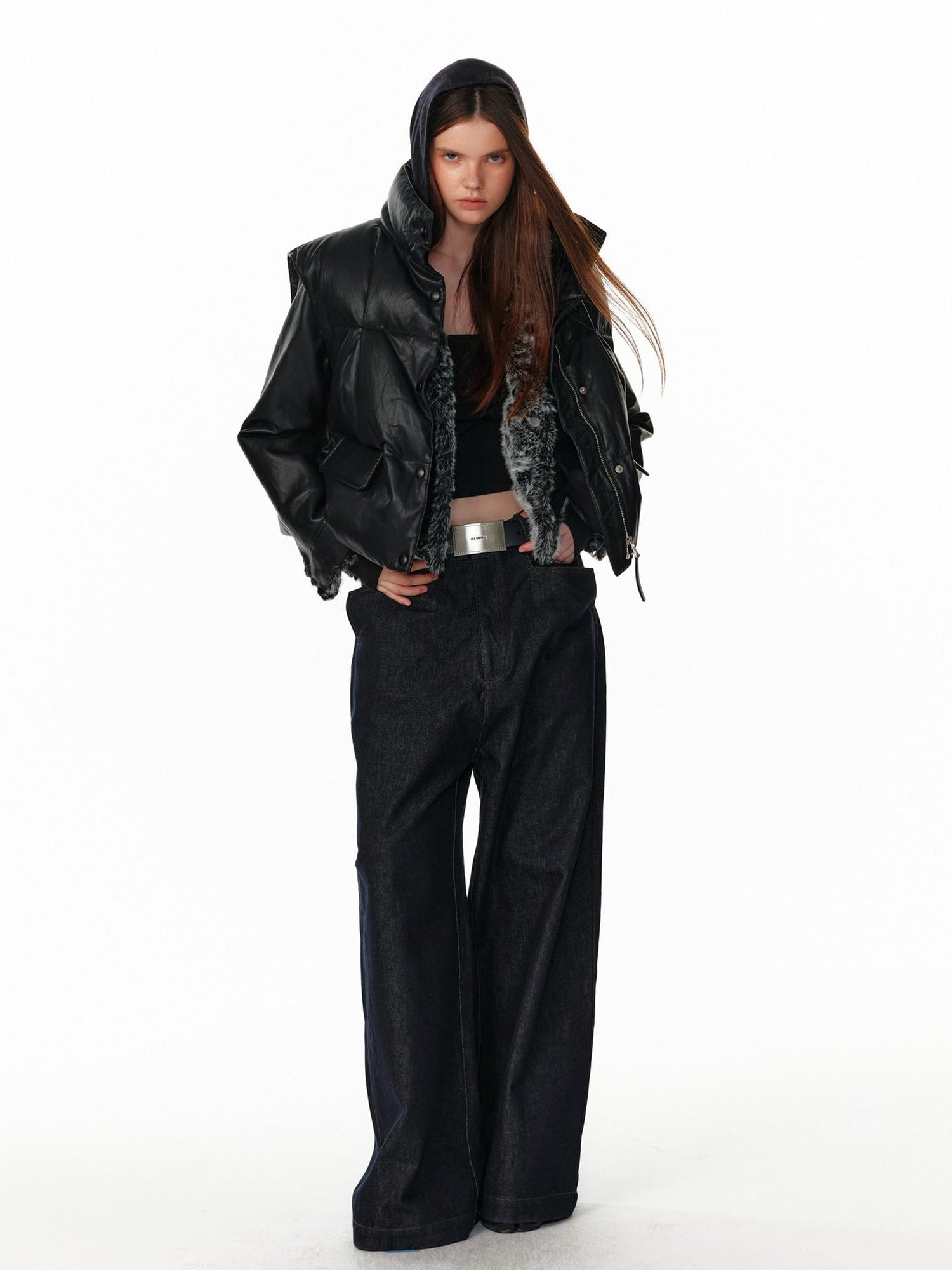 ALINNVSTUDIO Warm Reversible Retro Straight Short Zip Stand Collar Women Leather Jackets