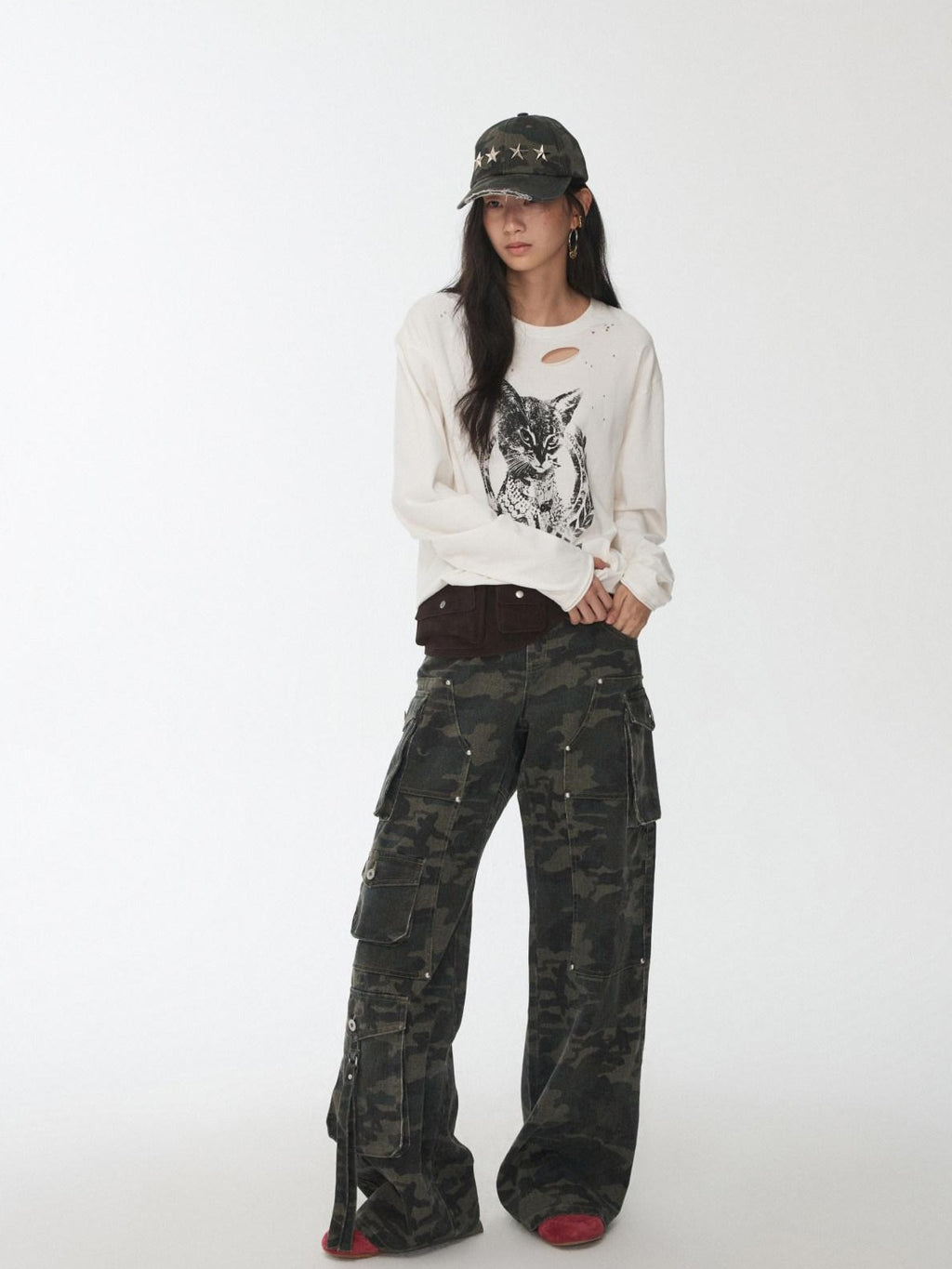 1JINN STUDIO Soft Cotton Camo Low Rise Casual Zipper Front Ladies Wide Leg Pants