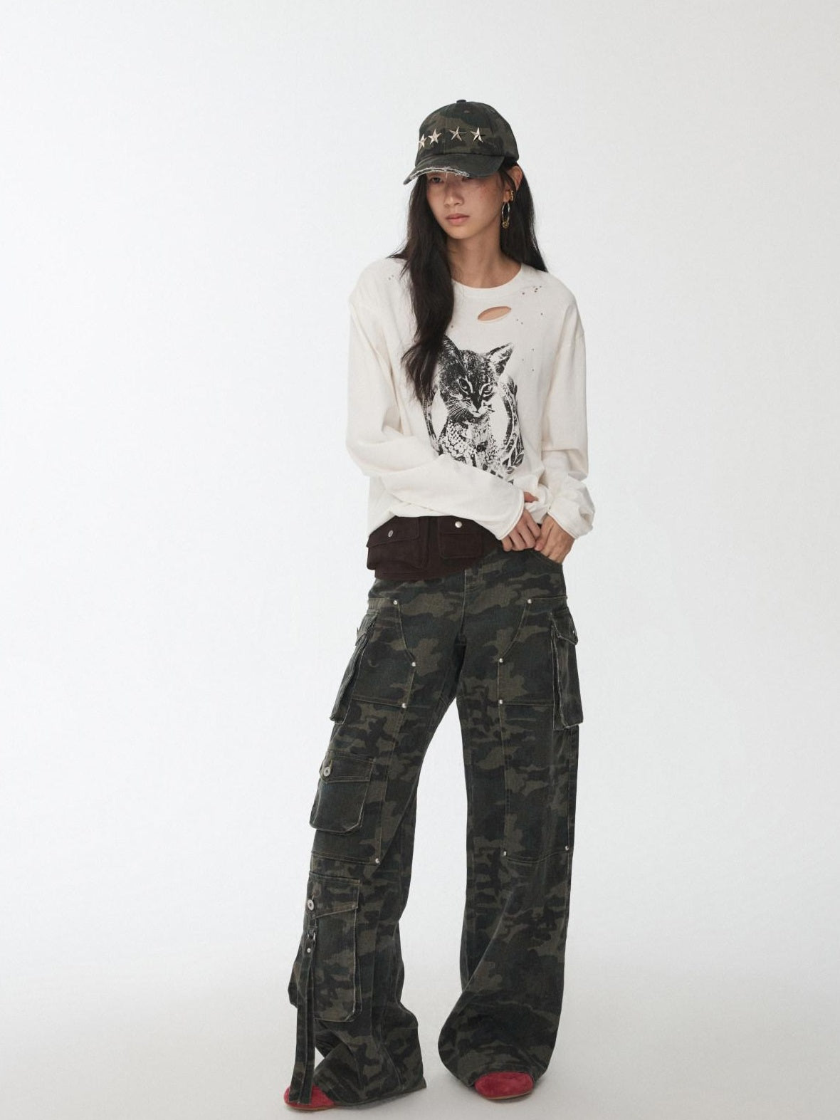 1JINN STUDIO Soft Cotton Camo Low Rise Casual Zipper Front Ladies Wide Leg Pants