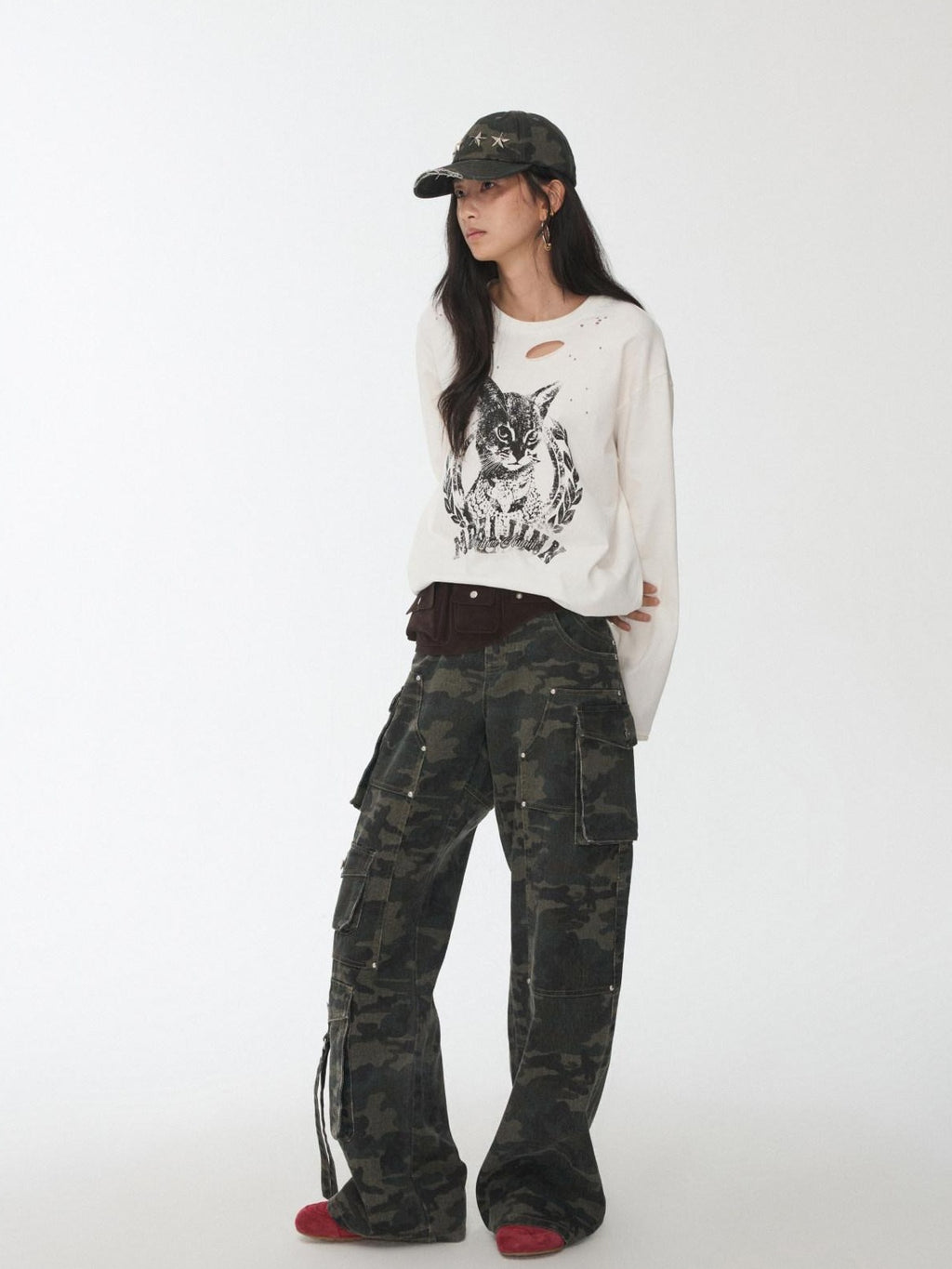 1JINN STUDIO Soft Cotton Camo Low Rise Casual Zipper Front Ladies Wide Leg Pants