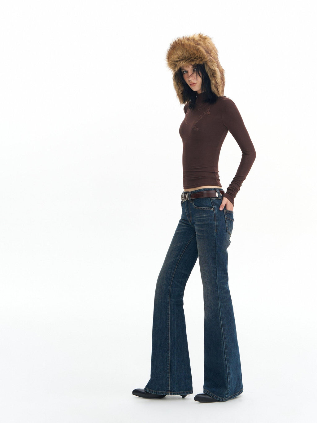 DeleteEx Washed Slim Low Rise Slight Stretch Sexy Girl Dark Blue Flared Jeans