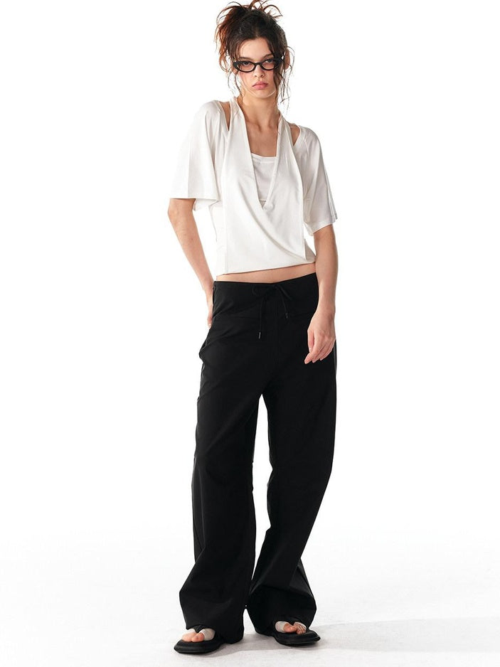ALINNVSTUDIO Minimalist 100 Percent Polyester Low Waist Zip Fly Loose Wide Leg Pants