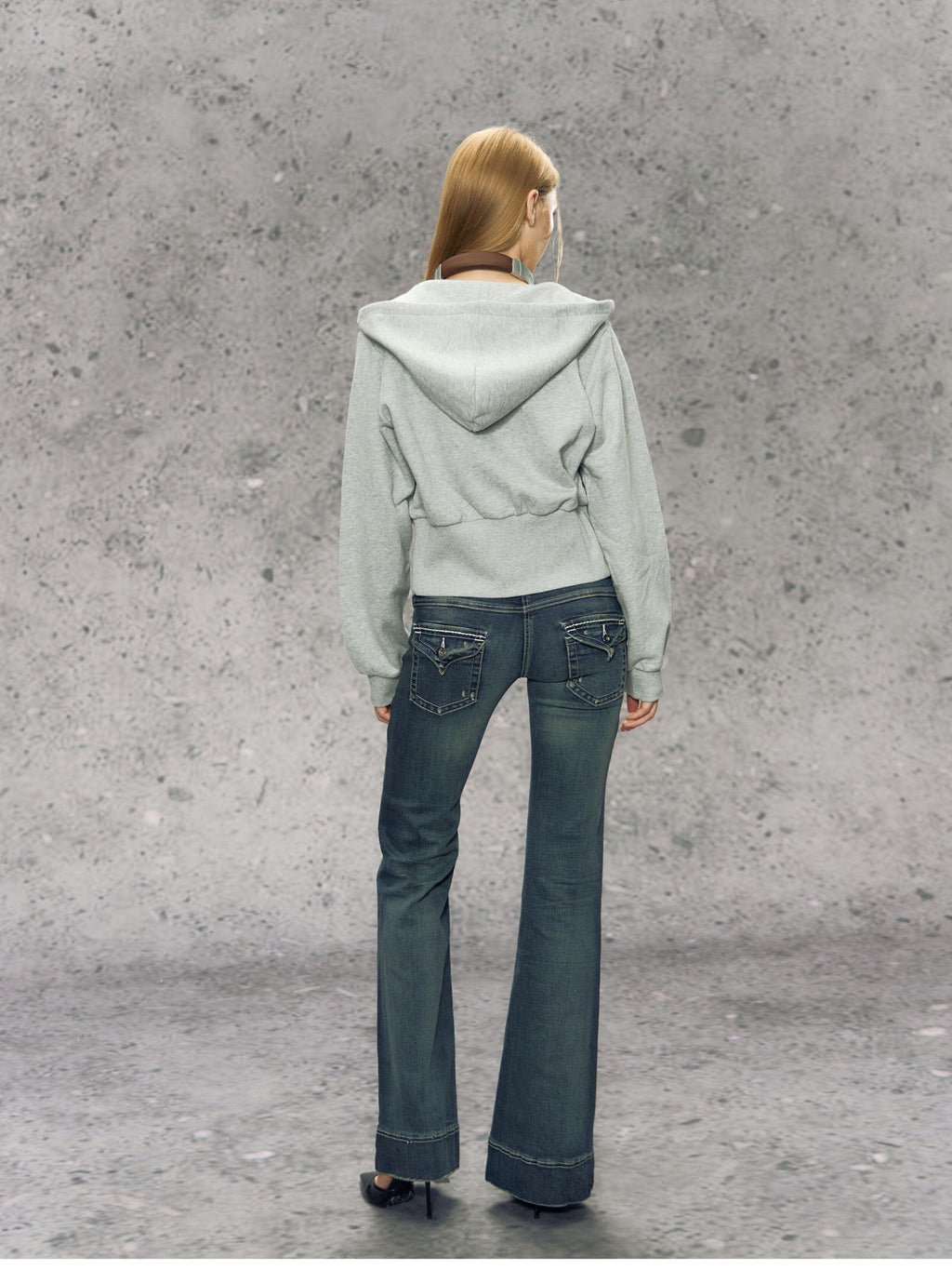 DeleteEx Soft Cotton Blend Zip Up Slim Cropped Street Style Women Solid Grey Blue Hoodie