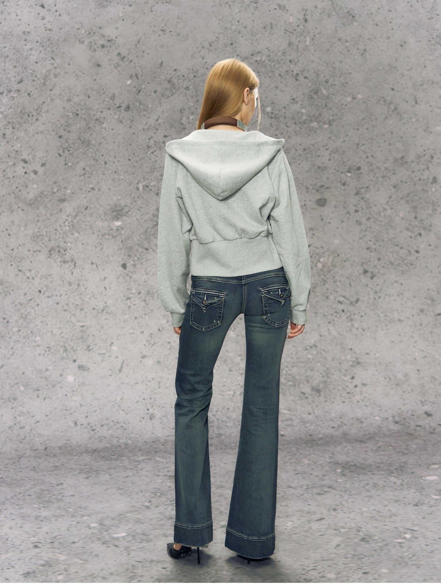 DeleteEx Soft Cotton Blend Zip Up Slim Cropped Street Style Women Solid Grey Blue Hoodie