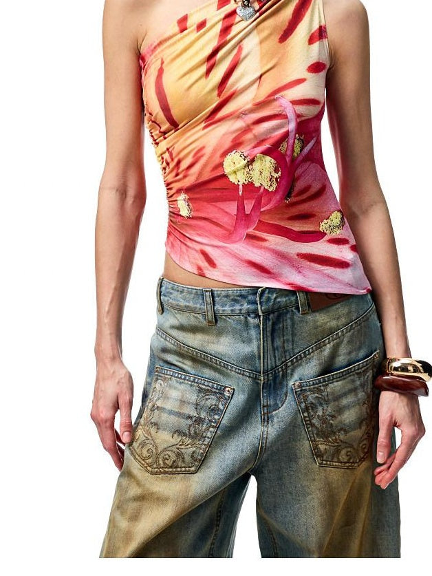 1JINN STUDIO Floral Print One Shoulder Slim Fit Street Women Polyester Stretch Tank Tops