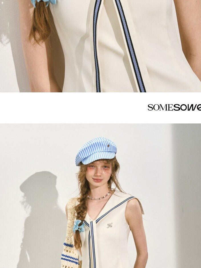 SOMESOWE Chic Sleeveless A Line Preppy Navy Collar Casual Polyester Mini Dresses
