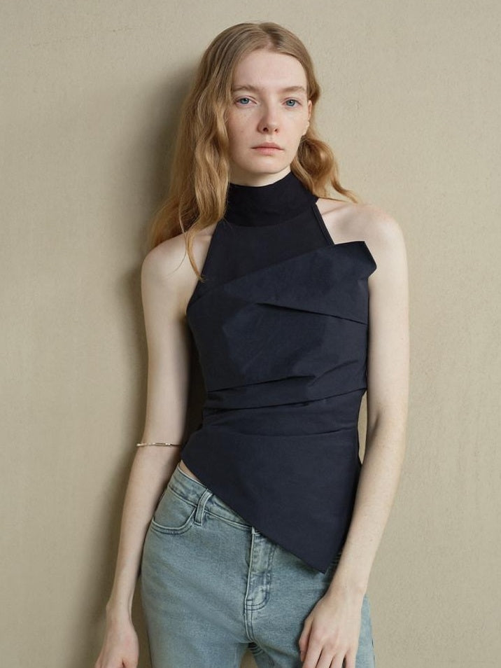 someonesometimes Slim Cutout Ruched Tie Front Korean Casual Navy Poly Tank Tops