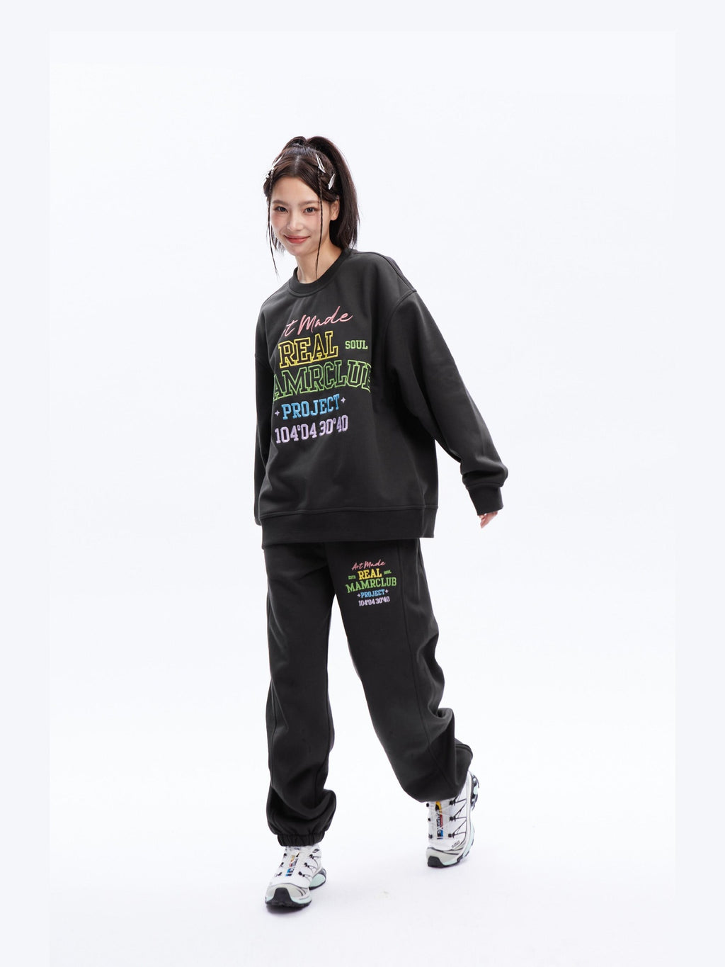 DeleteEx Embroidered Loose Fit Cotton Blend Crew Neck Women Grey Black Top & Pants Sets