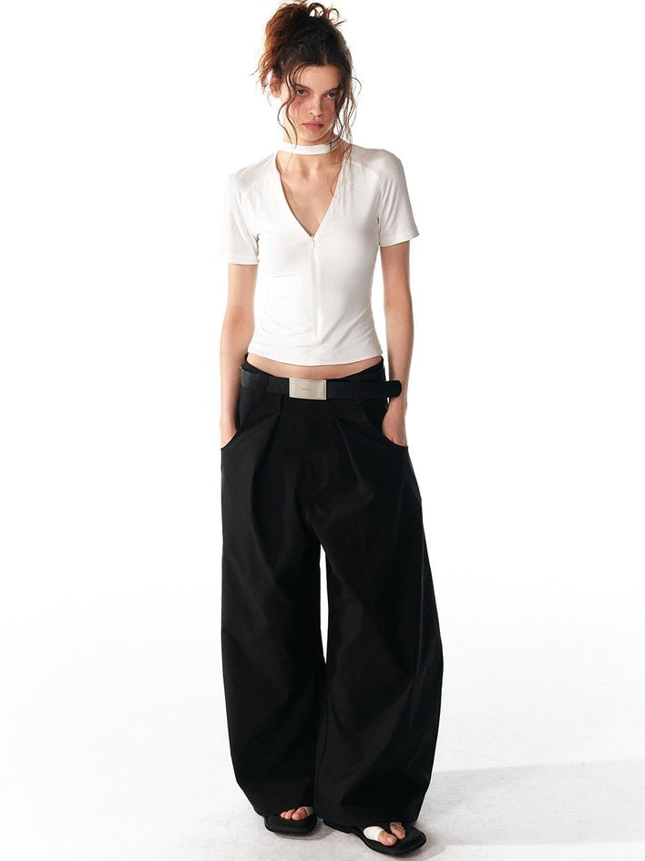 ALINNVSTUDIO Moisture Modal Stretch Asymmetric V-neck Slim Cross Basic Crop Tops