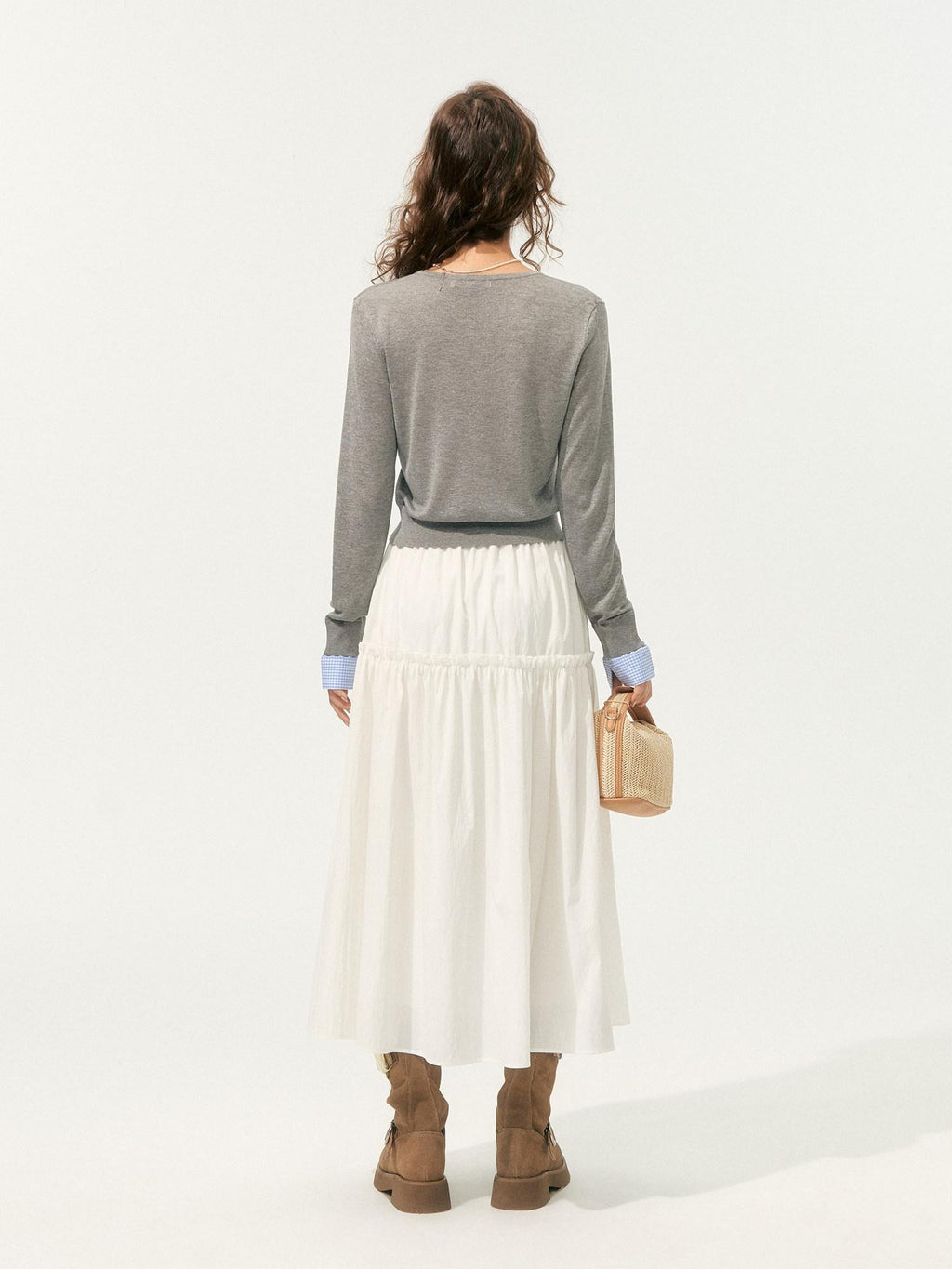SOMESOWE High Waist French A Line Patch Detail Loose Fit Casual White Maxi Skirts