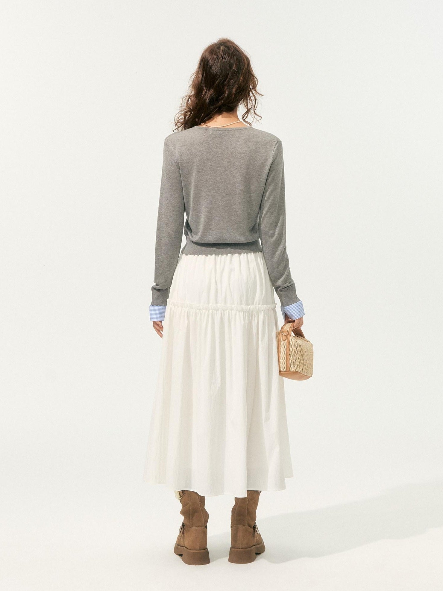SOMESOWE High Waist French A Line Patch Detail Loose Fit Casual White Maxi Skirts