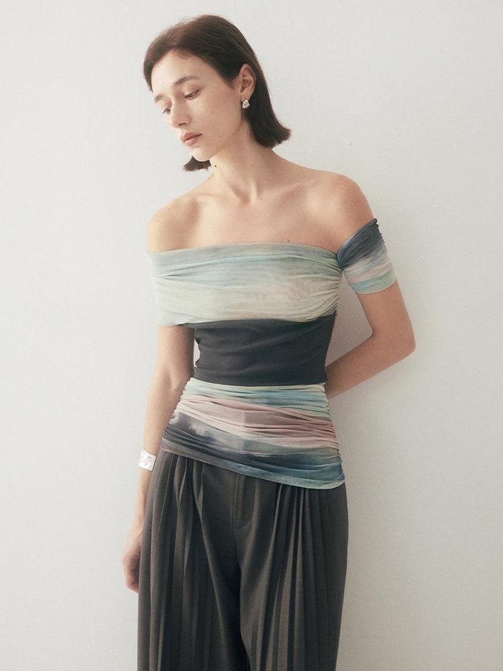 someonesometimes Tie Dye Slim Fit Minimal Commuter Viscose Blend Sleeveless Off Shoulder Crop Tops