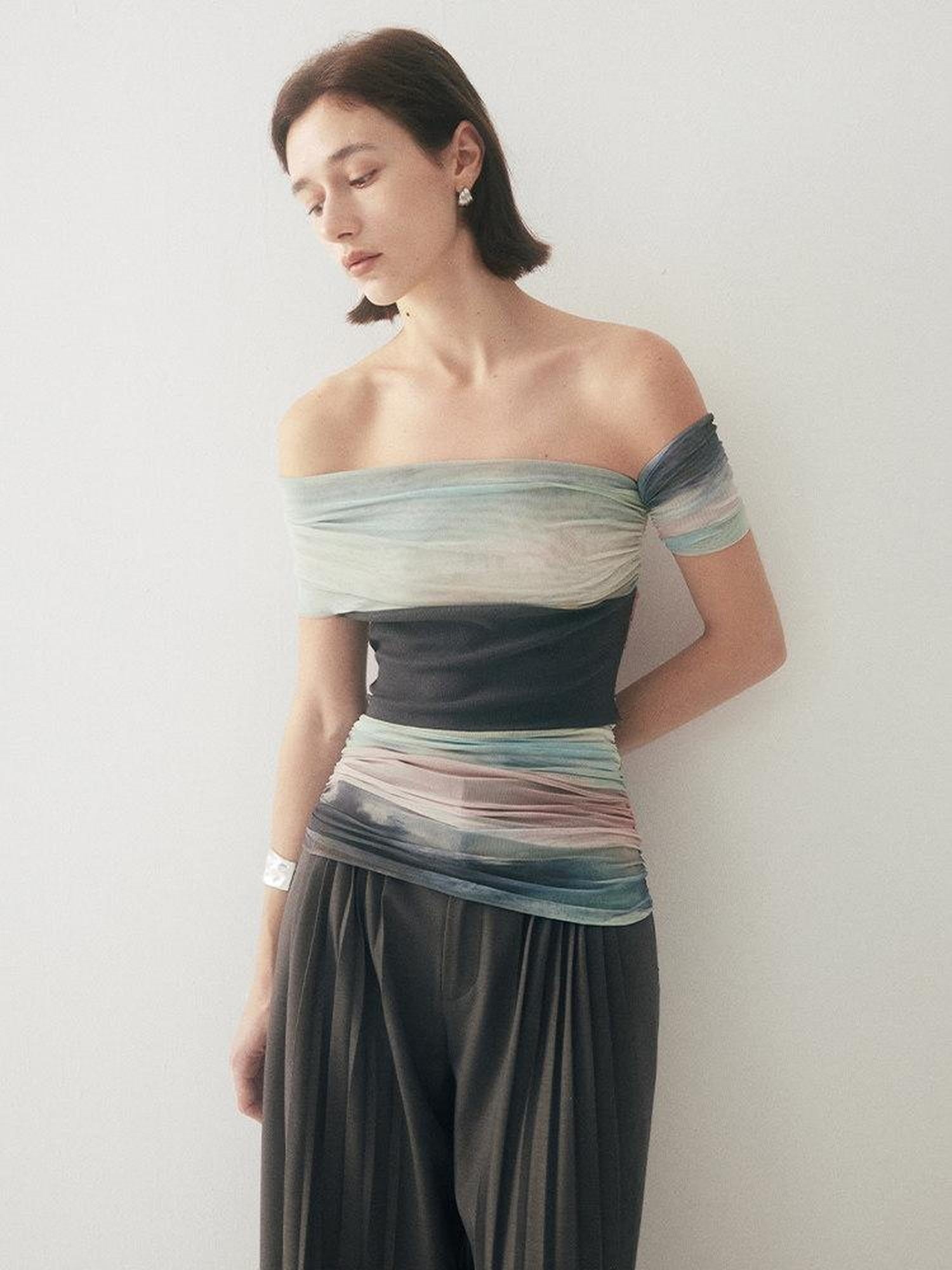 someonesometimes Tie Dye Slim Fit Minimal Commuter Viscose Blend Sleeveless Off Shoulder Crop Tops