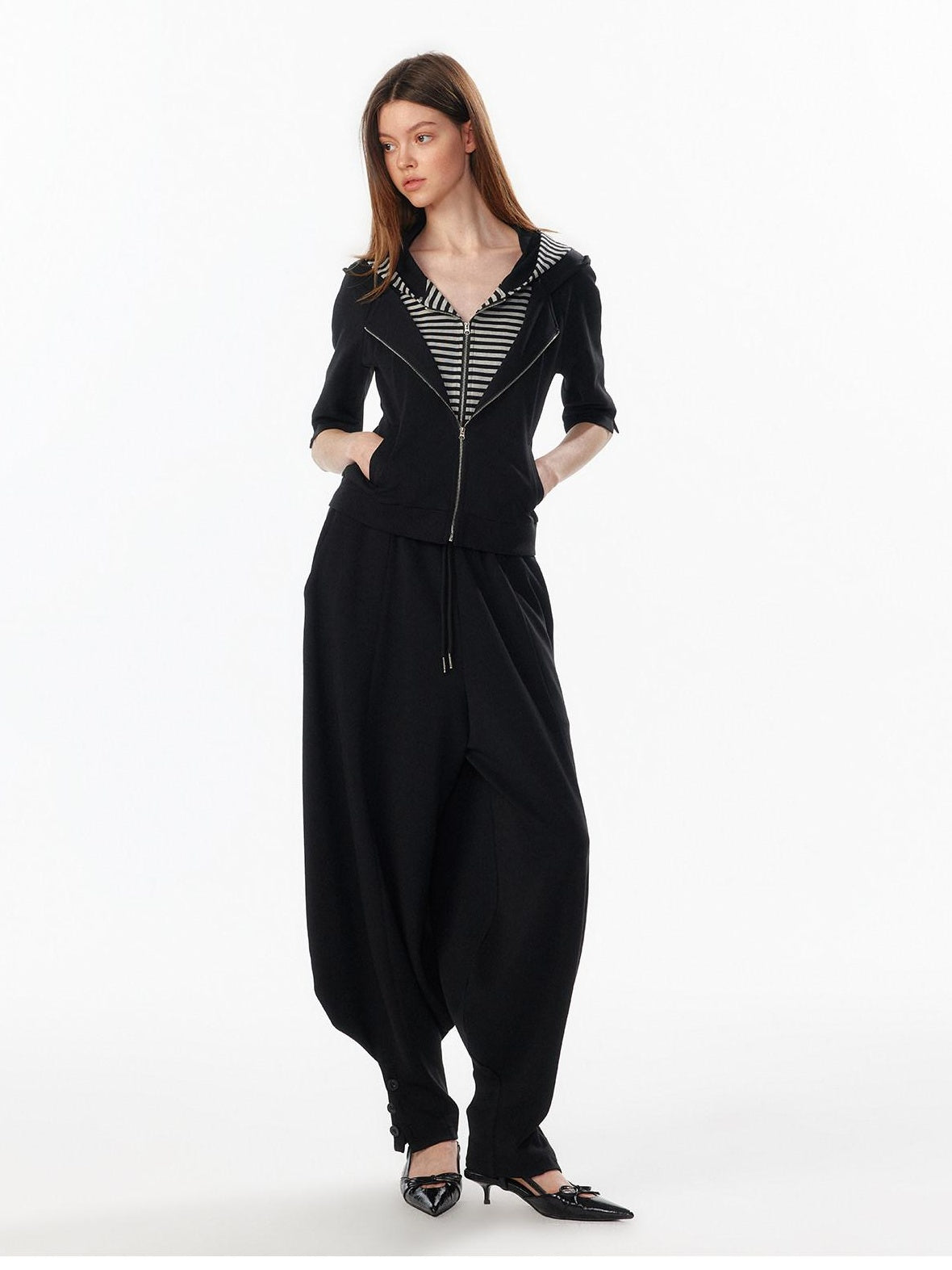 ALINNVSTUDIO Waist Slimming Cropped Zip Patchwork Raglan Hooded Pocket Ribbed Women Hoodie