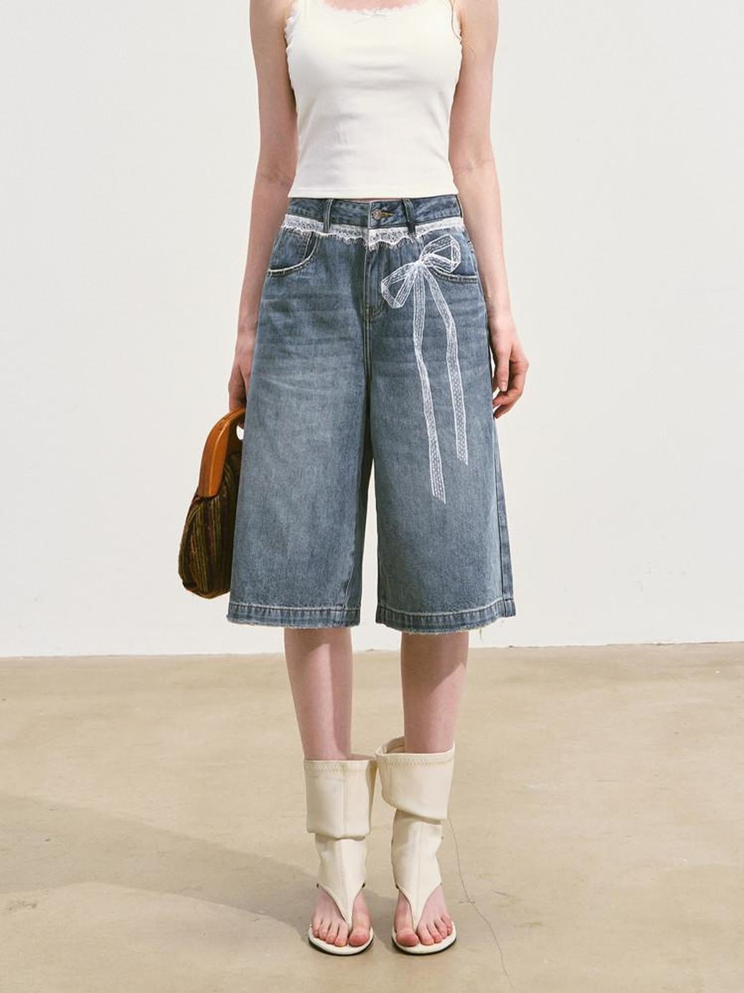 SOMESOWE Soft Washed Cotton Stretch Casual Straight Natural Waist Women Blue Denim Shorts