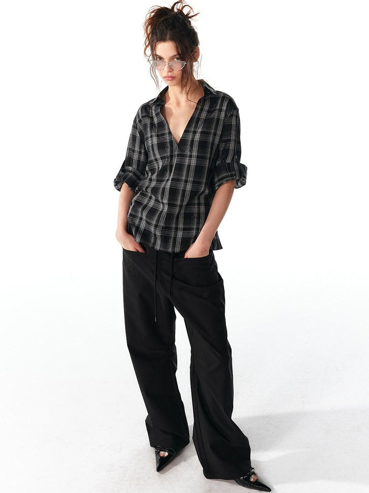 ALINNVSTUDIO Soft Lyocell Cupro Blend Oversized V-neck Button Front Plaid Casual Shirts