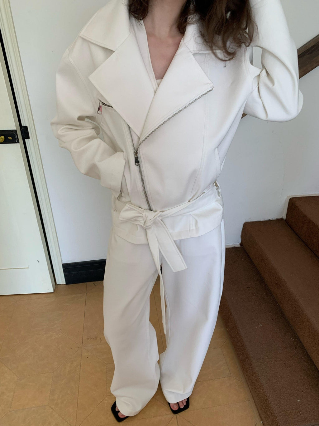 BUZHOU 100% Cotton Lapel Edgy Biker Short Women White Jacket Cropped Jackets