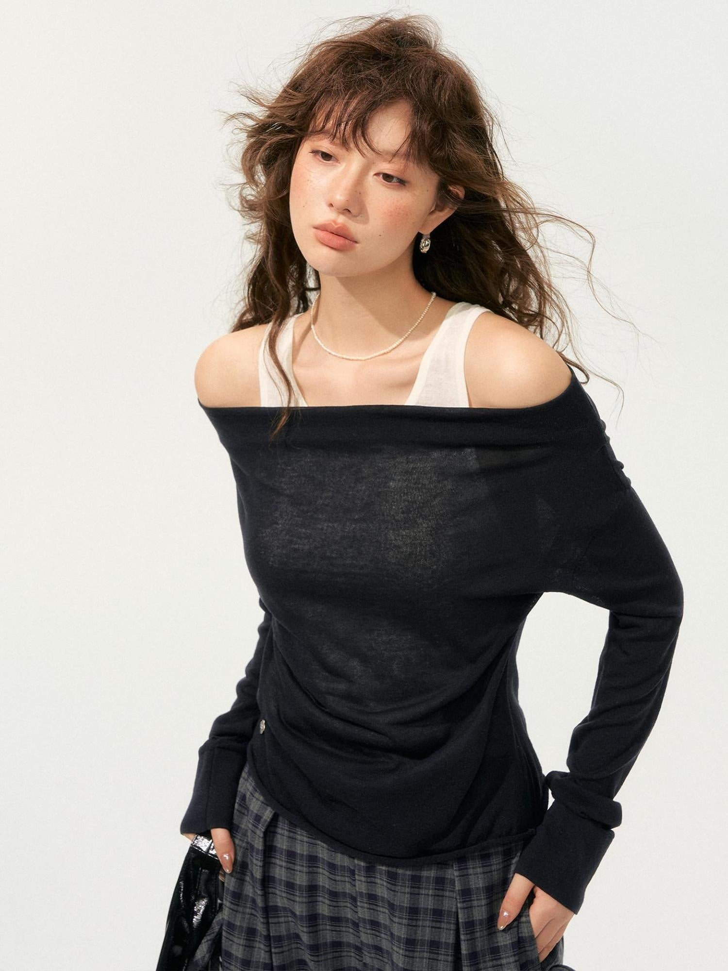 SOMESOWE Cozy Acrylic Blend Faux Layered Slim Fit Crew Neck Women Long Sleeve T-Shirts