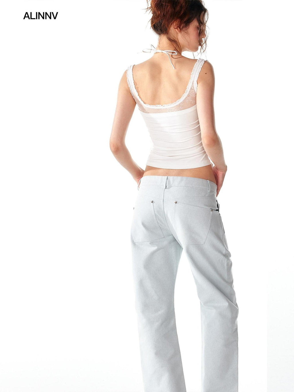 ALINNVSTUDIO Cotton Zip Fly Relaxed Fit Womens Dark Blue Light Blue Straight Leg Jeans
