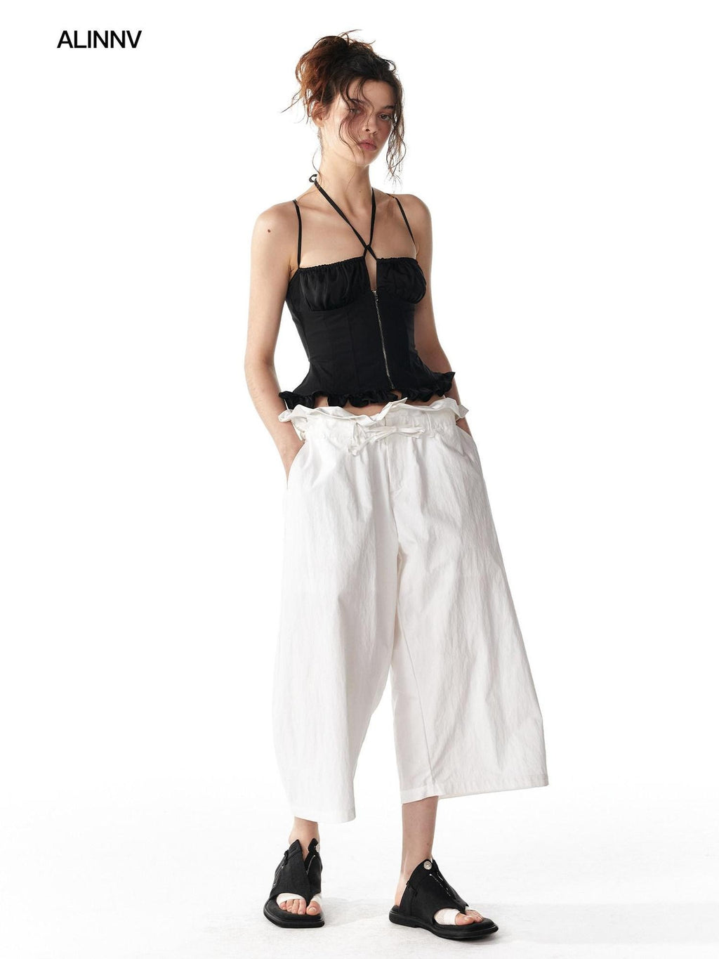 ALINNVSTUDIO Soft Cotton Blend High Waisted Wide Flowing Casual Black White Wide Leg Pants