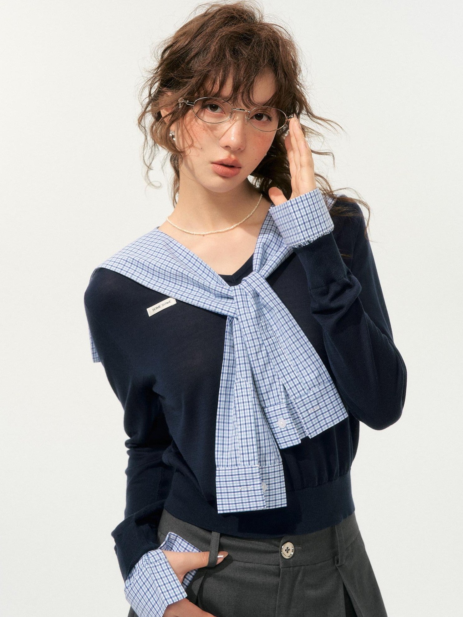SOMESOWE Lyocell V-neck Colorblock Patchwork Loose Casual Women Long Sleeve T-Shirts