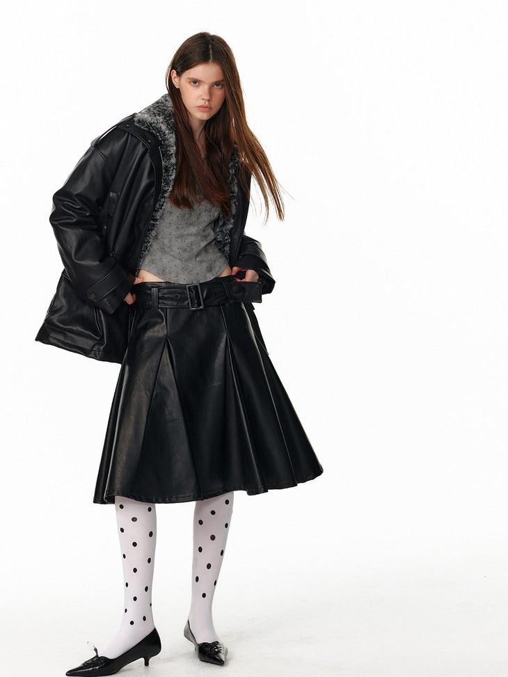ALINNVSTUDIO Versatile Pu Belted Low Waist Flared Loose Fit Women Citywalk Black Midi Skirts