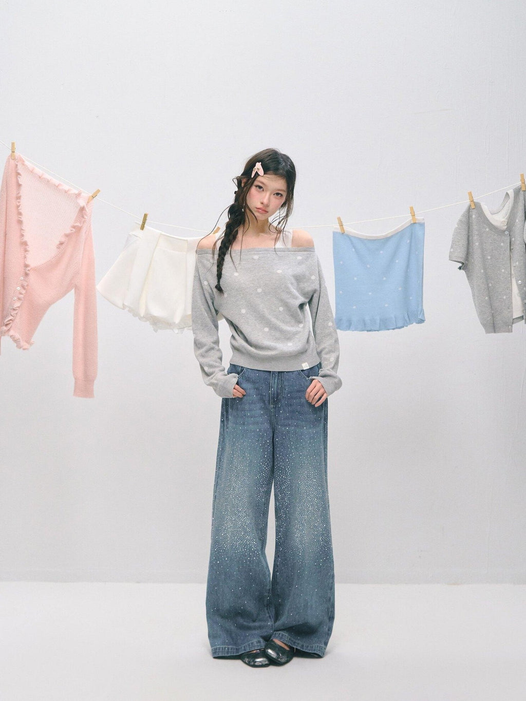 SOMESOWE Faux Layered Colorblock Polka Dot Boat Neck Knit Pullover Sweaters
