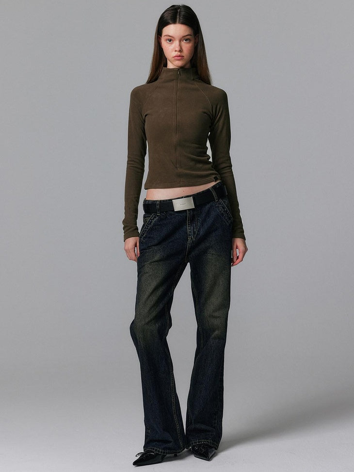 ALINNVSTUDIO Zip Half Collar Slim Commuter Ladies Black Olive Long Sleeve T-Shirts