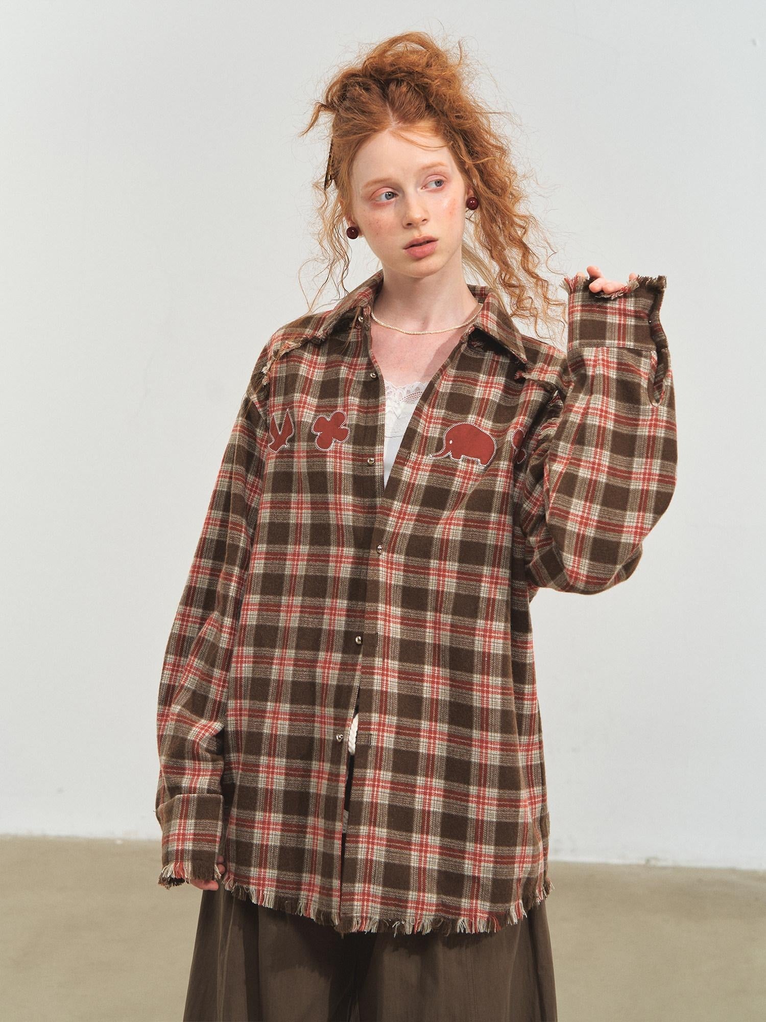 SOMESOWE Durable Fringe Plaid Loose Polo Collar Long Sleeve Women Wool Shirts