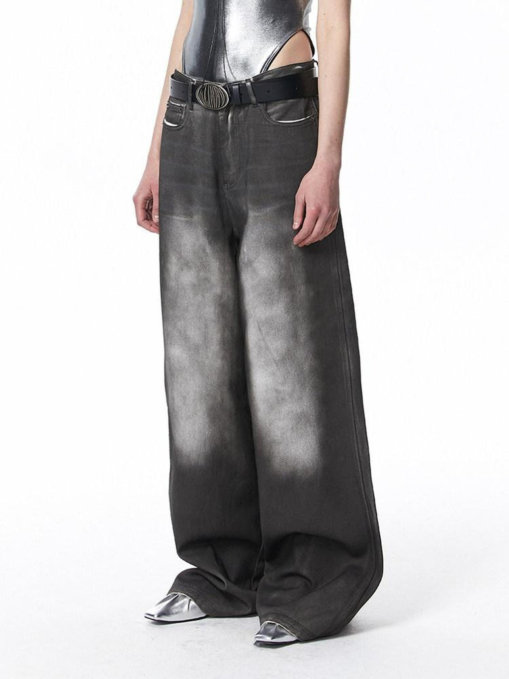ALINNVSTUDIO Distressed Vintage Natural Waist Long Dark Gray Zip Fly Denim Wide Leg Jeans