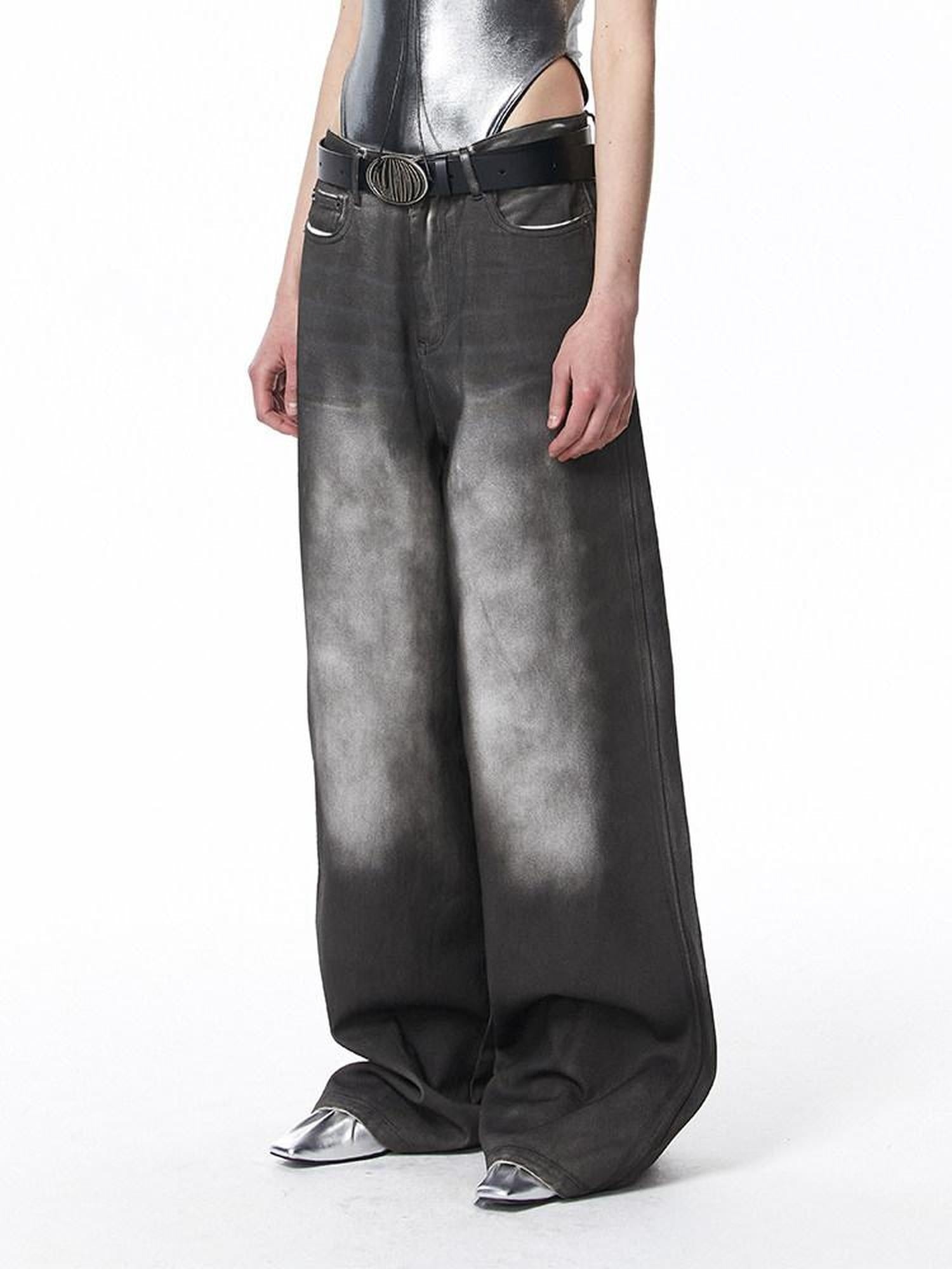 ALINNVSTUDIO Distressed Vintage Natural Waist Long Dark Gray Zip Fly Denim Wide Leg Jeans