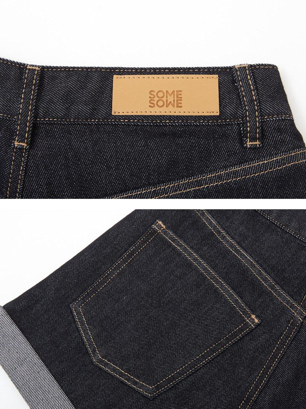 SOMESOWE Minimalist Straight Natural Waist Button Fly Deep Blue Stretch Denim Shorts