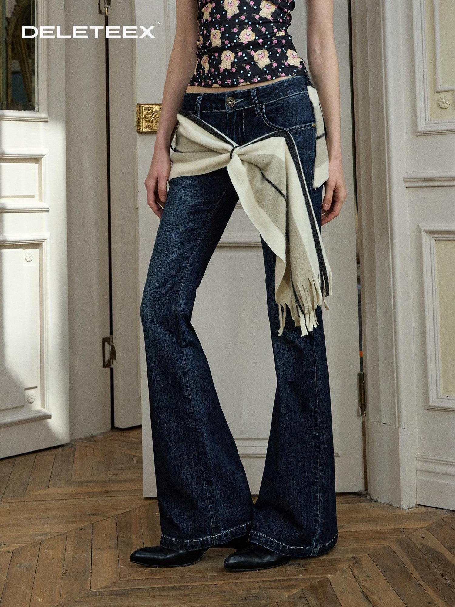 DeleteEx Micro Stretch Slim Fit Tie Detail Natural Waist Women Deep Blue Flared Jeans
