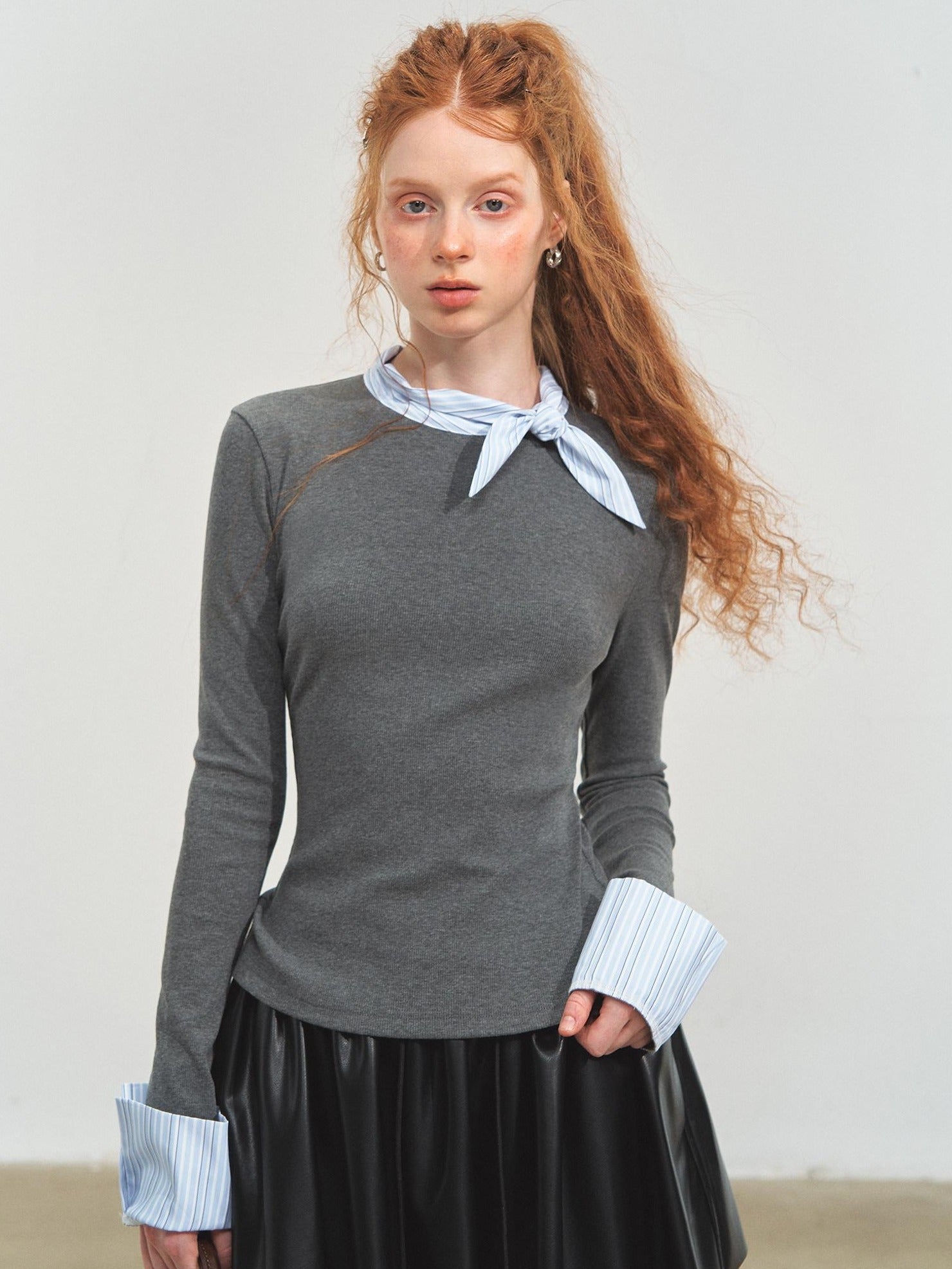 SOMESOWE Viscose Cotton Blend Loose Commuter Crewneck Patchwork Gray Long Sleeve T-Shirts