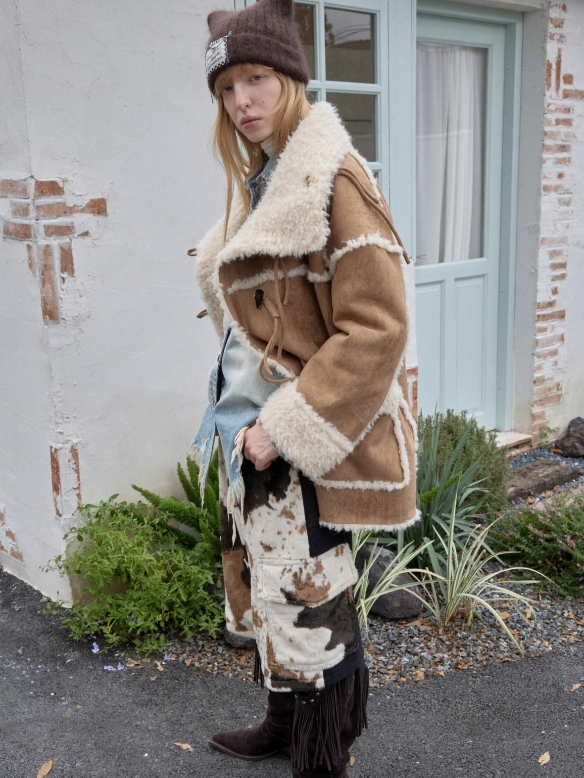 1JINN STUDIO Reversible Vintage Stand Collar Short Button Womens Chic Faux Fur Coats