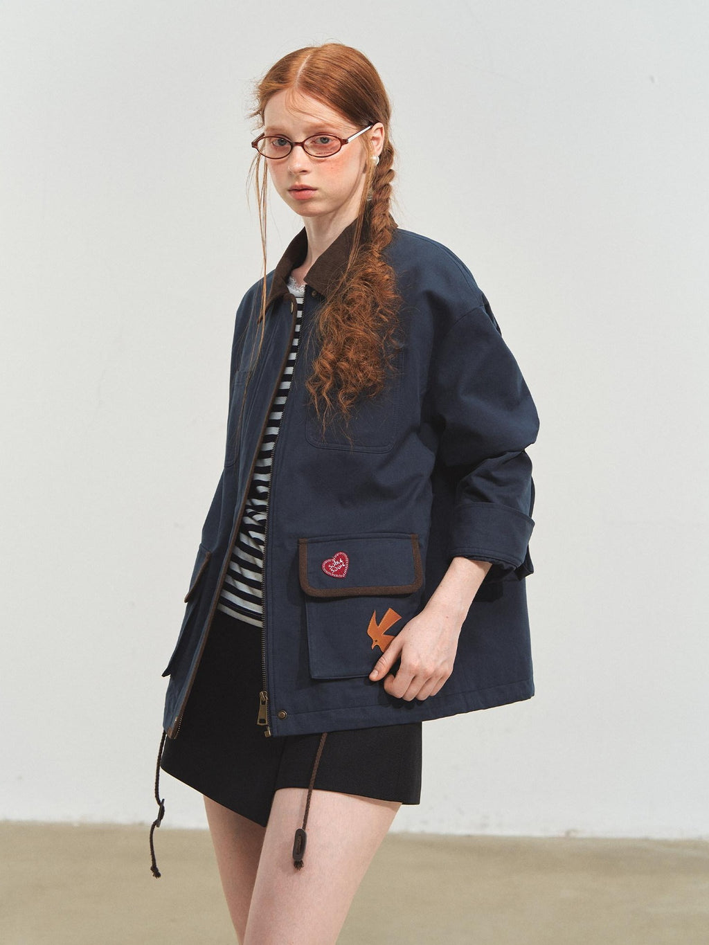 SOMESOWE Everyday Casual Loose Fit Flap Pocket Zip Front Women Khaki Navy Bomber Jackets