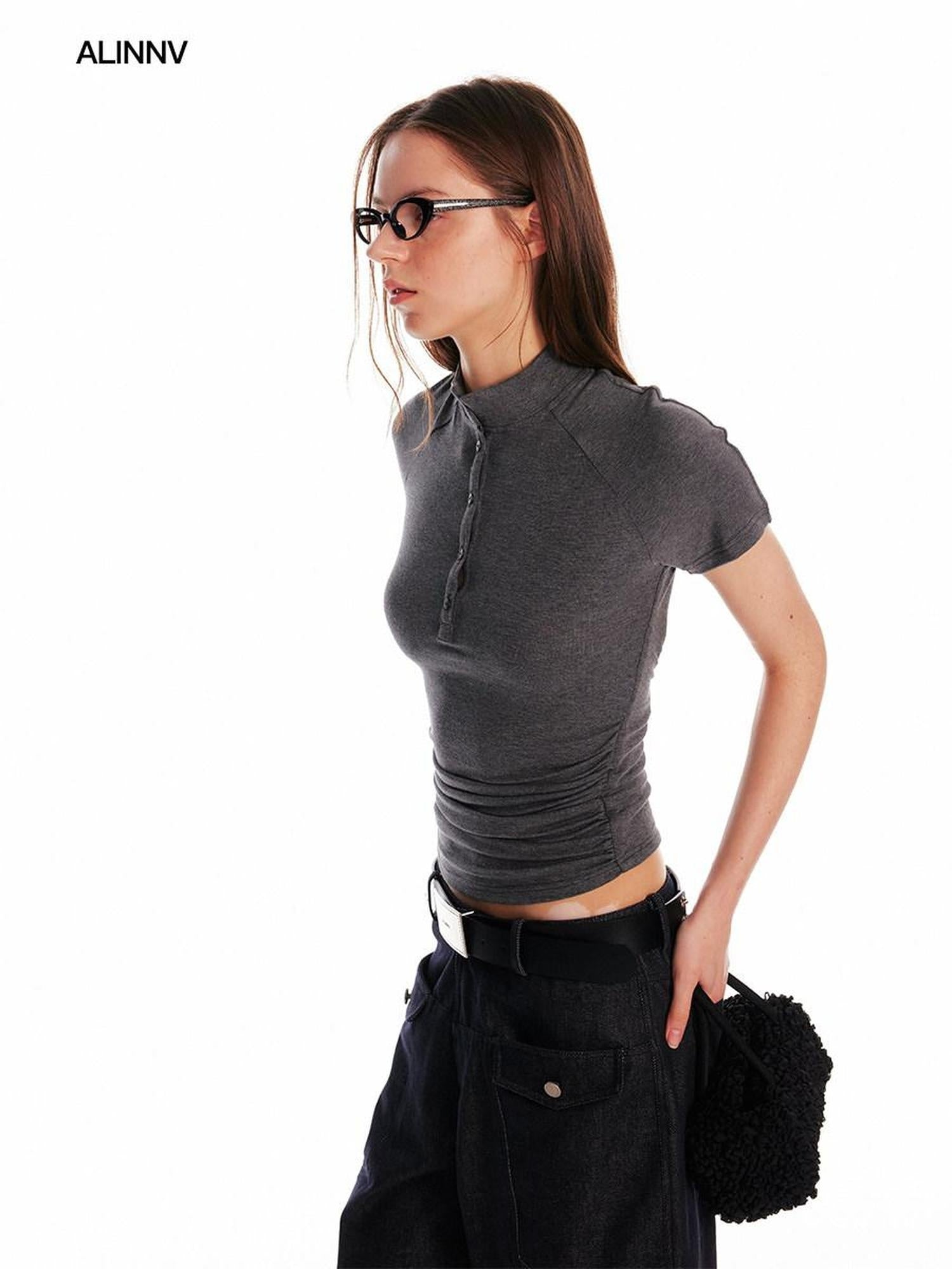 ALINNVSTUDIO Creative Patchwork Slim Fit Cropped Crewneck Striped Gray Short Sleeve T-Shirts