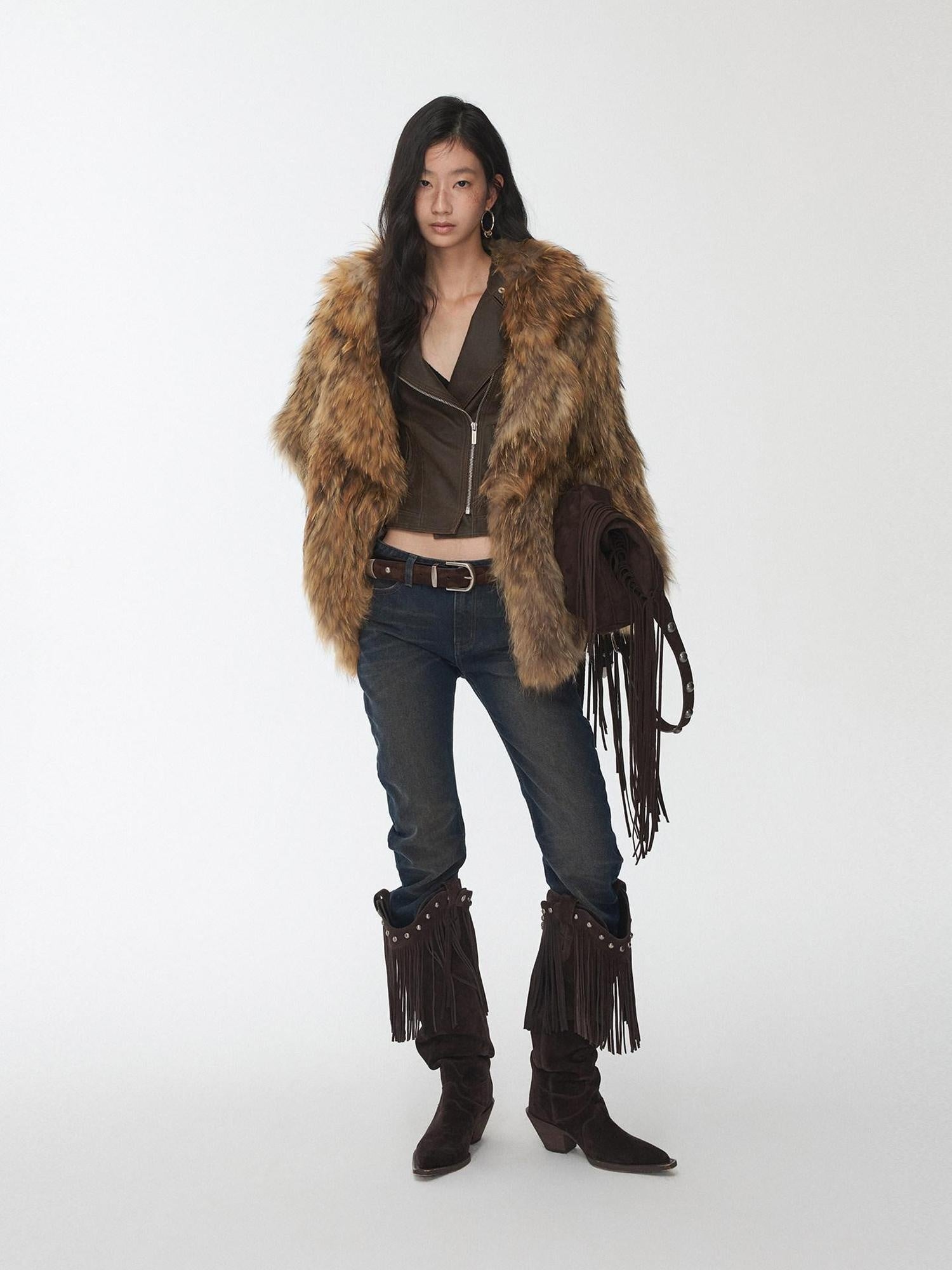 1JINN STUDIO Cozy Woven Cropped Cinched Waist Lapel Long Sleeve Young Women Faux Fur Coats