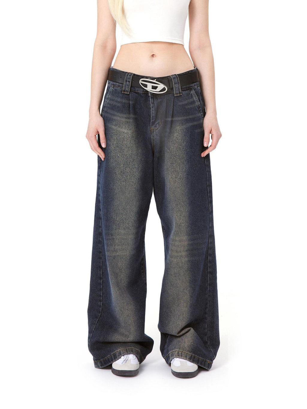 DeleteEx High Waist Distressed American Loose Fit Zipper Women Dark Blue Wide Leg Jeans