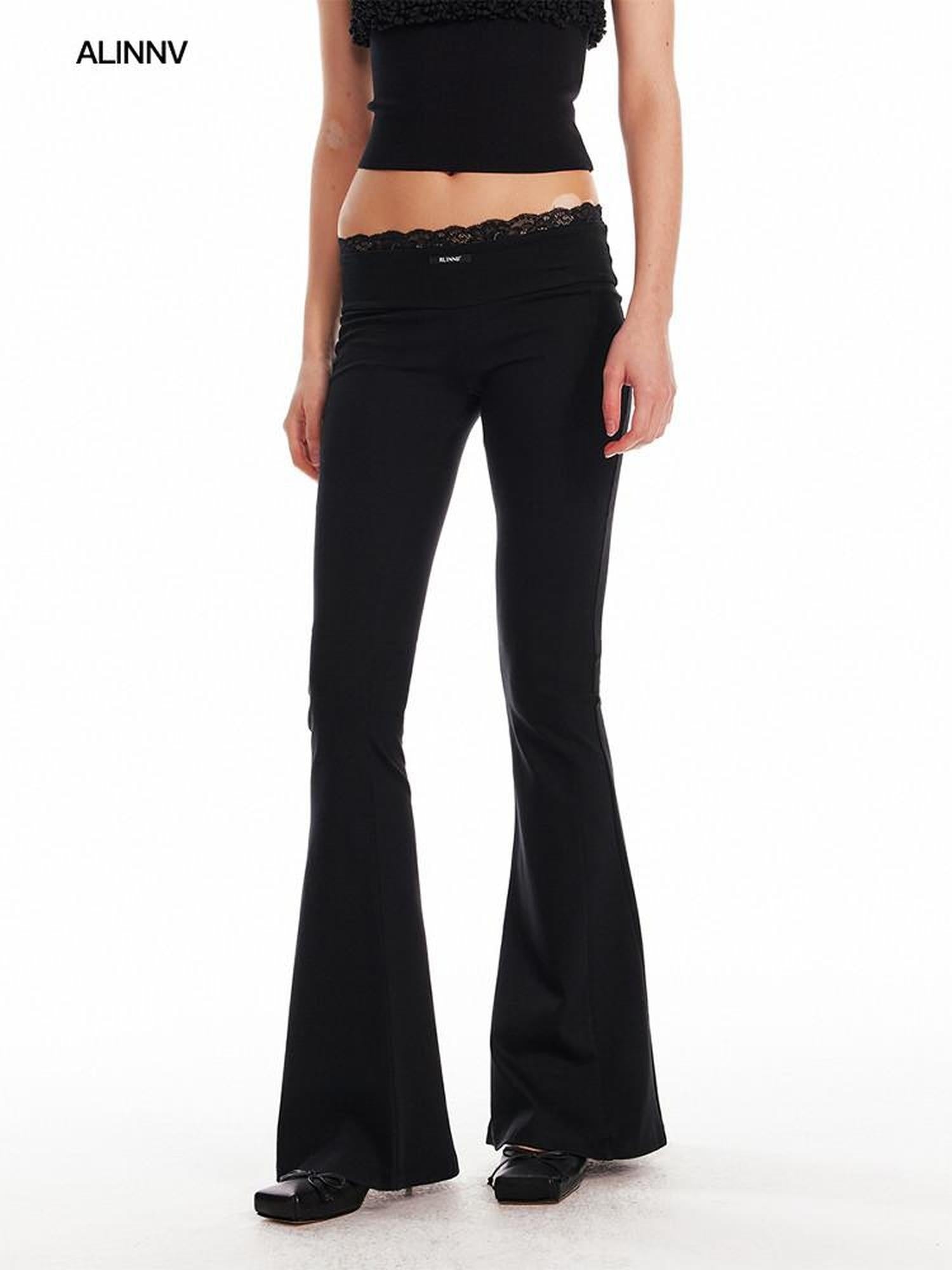 ALINNVSTUDIO Minimalist Slim Low Rise Micro Flare Zip Fly Black Women Office Flared Pants
