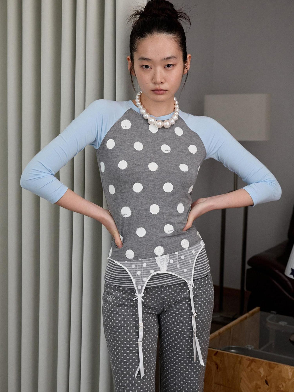 1JINN STUDIO Soft Stretch Viscose Slim Fit Cross Polka Patchwork Women Long Sleeve T-Shirts