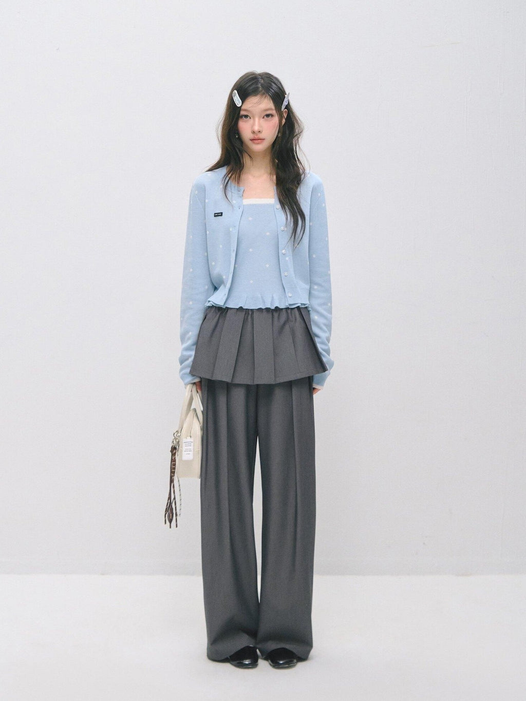 SOMESOWE Ruffle Collared Cardigan Long Sleeve Loose Fit Women Blue Top & Skirt Sets