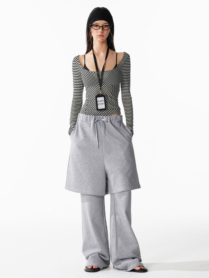 ALINNVSTUDIO Wool Blend Slim Fit Cropped Crewneck Striped Women Long Sleeve T-Shirts