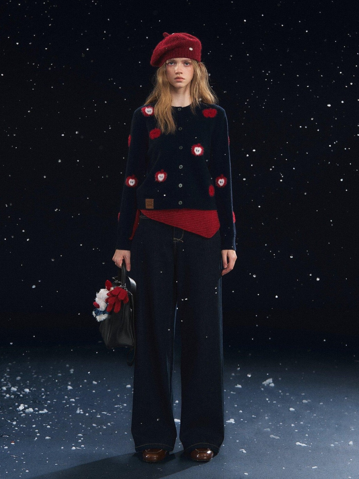 SOMESOWE Embroidered Fruit Casual Lapel Regular Fit Navy Long Sleeve Button Knit Cardigans
