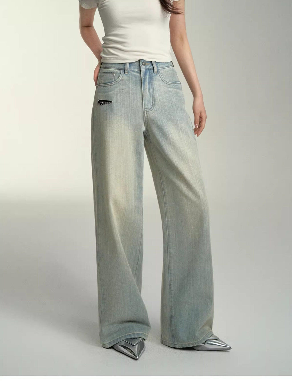 SOMESOWE Cotton Slight Stretch Unisex Loose Natural Waist Washed Blue Wide Leg Jeans