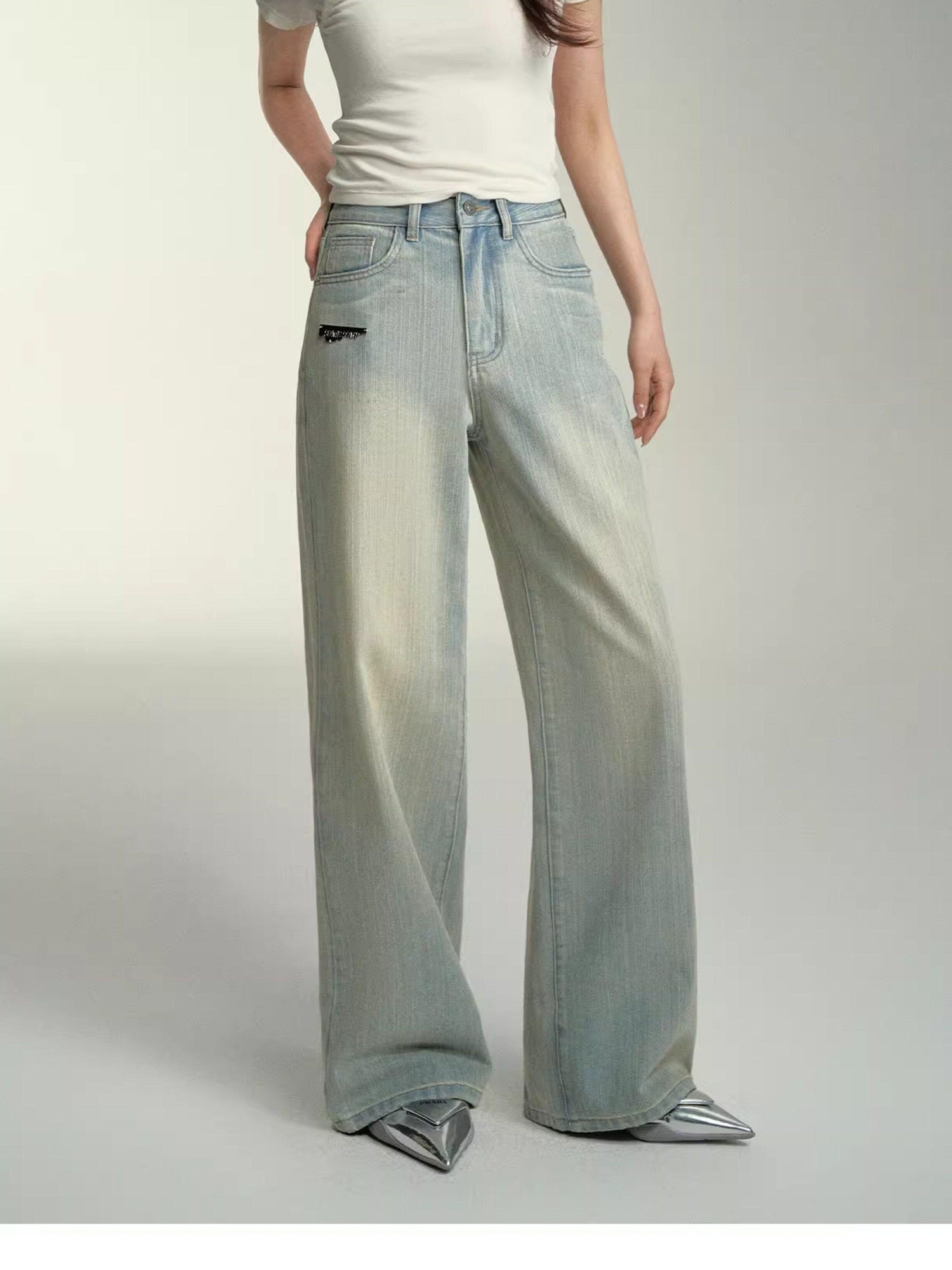 SOMESOWE Cotton Slight Stretch Unisex Loose Natural Waist Washed Blue Wide Leg Jeans